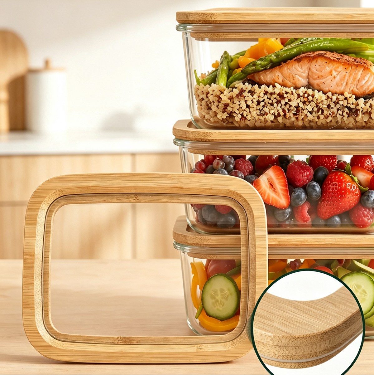 Glass Food Storage Containers with Clear Top Bamboo Lids